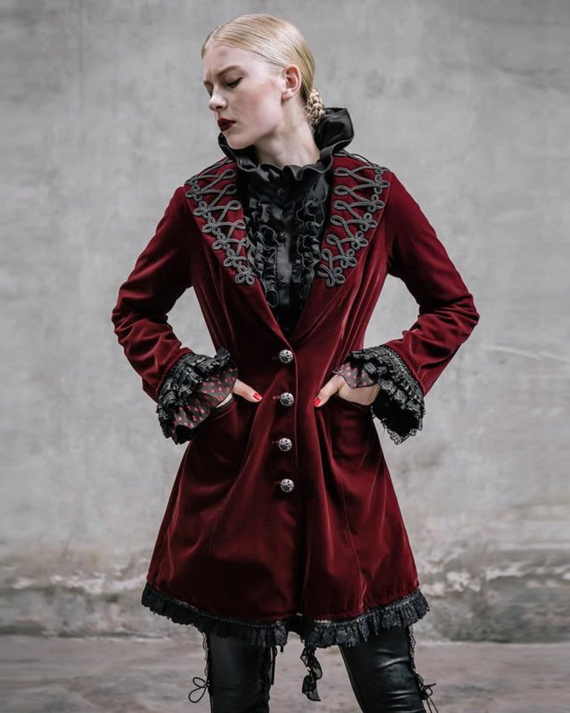 Frock Coat Red Velvet Goth Steampunk VTG, Gothic Clothing for Women, Womens Gothic Jackets