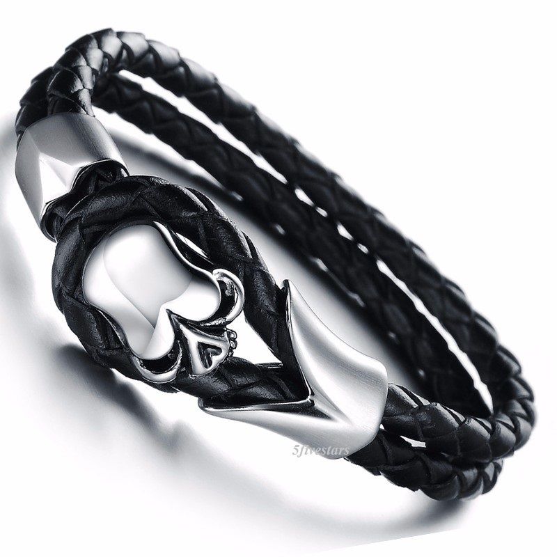 Braided-Leather-Skull-Cuff-Bangle-Stainless-Steel-Bracelet
