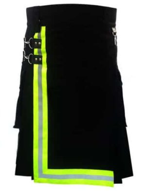 Schwarzer Feuerwehrkilt mit gut sichtbarem Reflektor, Feuerwehrkilts, Beste Kilts, Kilts für Männer