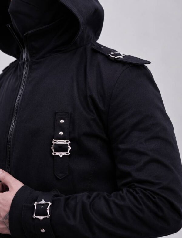 A closeup shot of A man wearing Black Hooded Trench Coat.