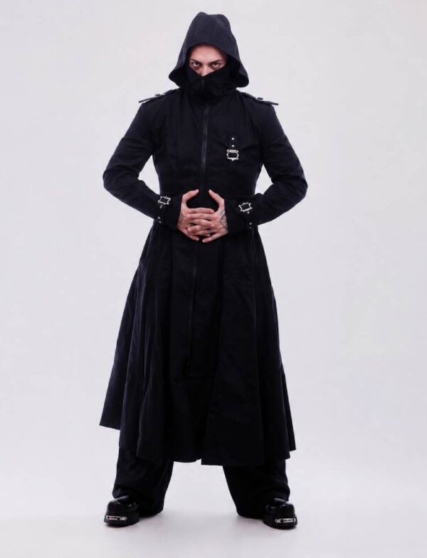 A man posing wearing A man wearing Black Hooded Trench Coat.