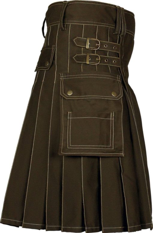 Handmade-Brown-Deluxe-Utility-Fashion-Kilt-Side Homemade Kilts, Utility Kilts, Best Kilts, Brown Utility Kilt