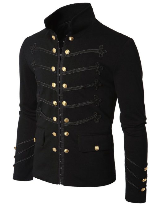 Men-Black-Embroidery-Military-Napoleon-Hook-Jacket-Front Black Embroidery Military Napoleon Hook Jacket, Military Jackets, Traditional Jackets, Jackets for Men