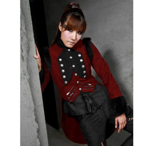Womens Stand Collar Long Military Trench Coat Gothic Steampunk Button Halloween Jacket Vintage Coat Tailcoat 