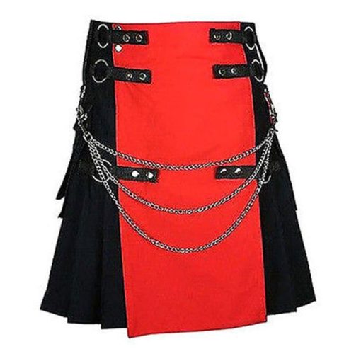 Red-And-Black-Deluxe-Utility-Fashion-kilt-With-Chain Red and Black Kilt, Utility Kilts, Deluxe Kilts, Fashion Kilts