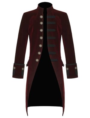 Red Velvet Goth Steampunk Victorian Frock Coat, ropa gótica, chaquetas para hombres
