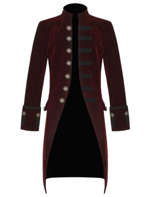 Red Velvet Goth Steampunk Victorian Frock Coat, Gothic Clothing, Jackets for Men