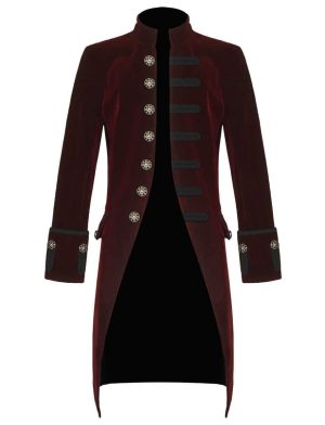 Red Velvet Goth Steampunk Victorian Frock Coat, Gothic Clothing, Jackets for Men