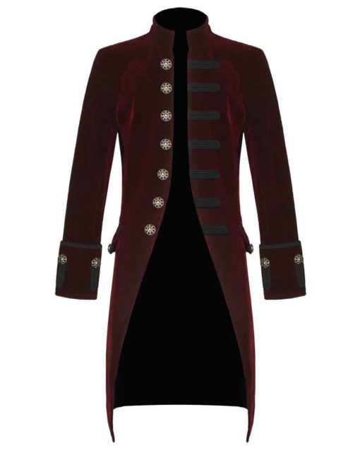Red-Velvet-Goth-Steampunk-Victorian-Frock-Coat-Jacket-Front Red Velvet Goth Steampunk Victorian Frock Coat, Gothic Clothing, Jackets for Men