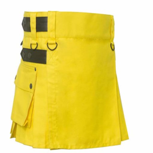 Yellow-Utility-Kilt-with-Leather-Straps Utility Kilts, Kilts with Leather straps, Best kilts for Women, Ladies Utility kilts