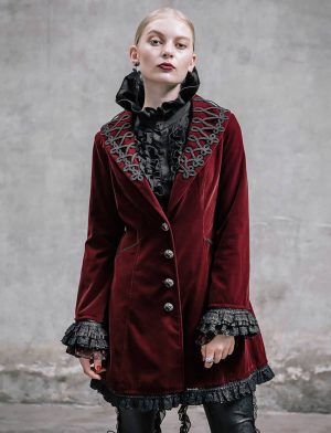 Frock Coat Red Velvet Goth Steampunk VTG, Gothic Clothing for Women, Womens Gothic Jackets