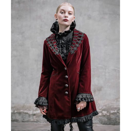 akacia-womens-jacket-frock-coat-red-velvet-goth-steampunk-front Frock Coat Red Velvet Goth Steampunk VTG, Gothic Clothing for Women, Womens Gothic Jackets