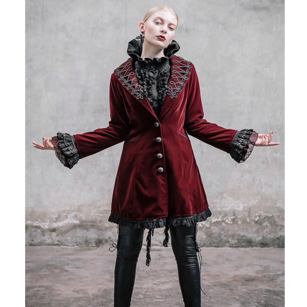 Frock Coat Red Velvet Goth Steampunk VTG, Gothic Clothing for Women, Womens Gothic Jackets