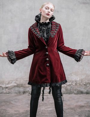 Frock Coat Red Velvet Goth Steampunk VTG, Gothic Clothing for Women, Womens Gothic Jackets