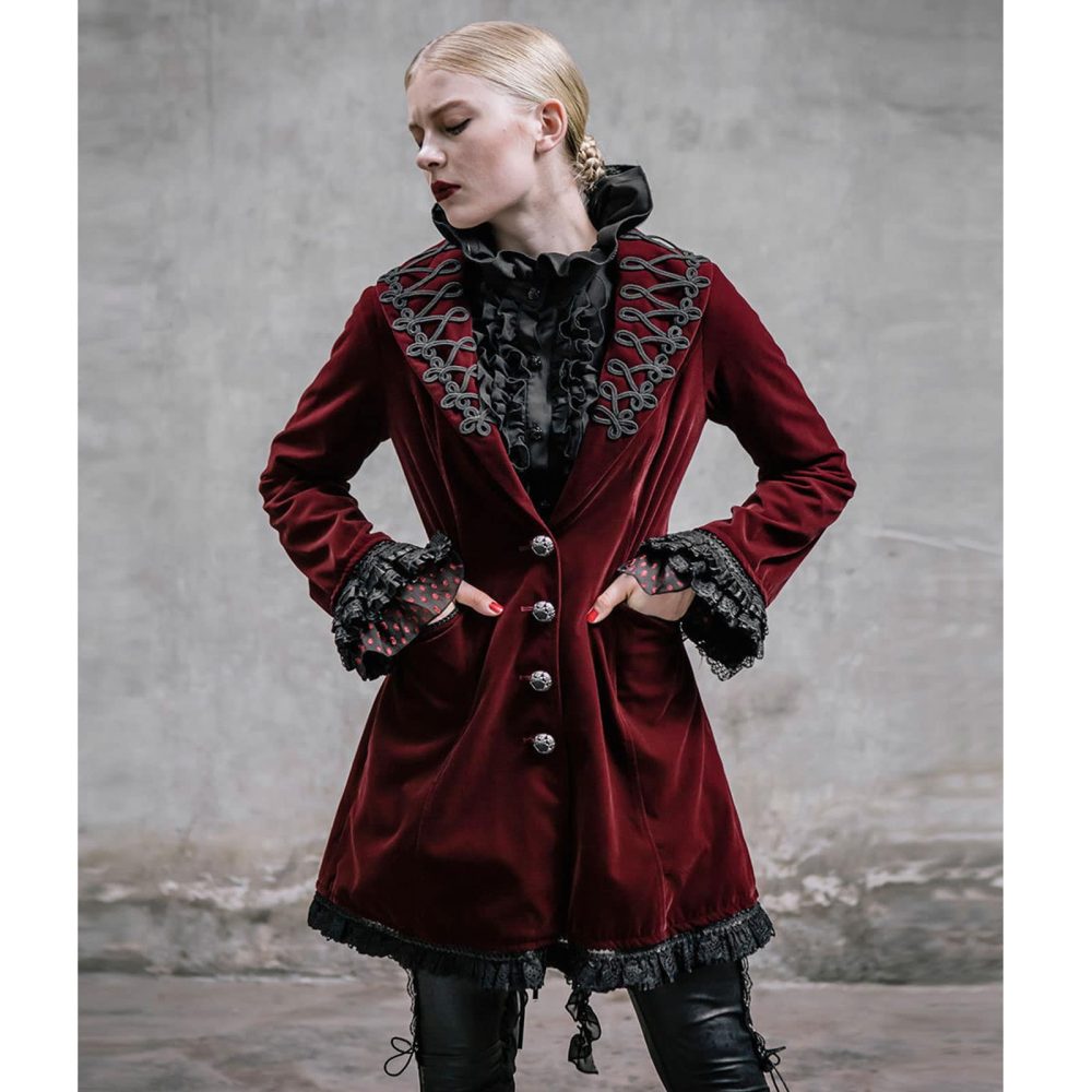 Frock Coat Red Velvet Goth Steampunk VTG, Gothic Clothing for Women, Womens Gothic Jackets