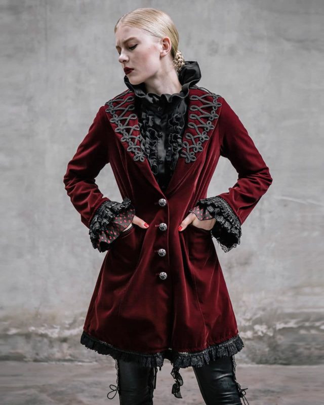 Frock Coat Red Velvet Goth Steampunk VTG, Gothic Clothing for Women, Womens Gothic Jackets, buy gothic jackets, buy steampunk jacket, buy punkrave jacket, gothic jacket for sale, punkrave jacket for sale, steampunk jacket for sale