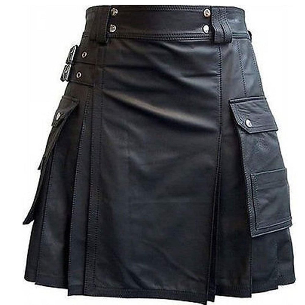 Black Leather Kilt with Twin Cargo Pockets, Cargo Pocket Kilts, Kilts for Men, Best Kilts