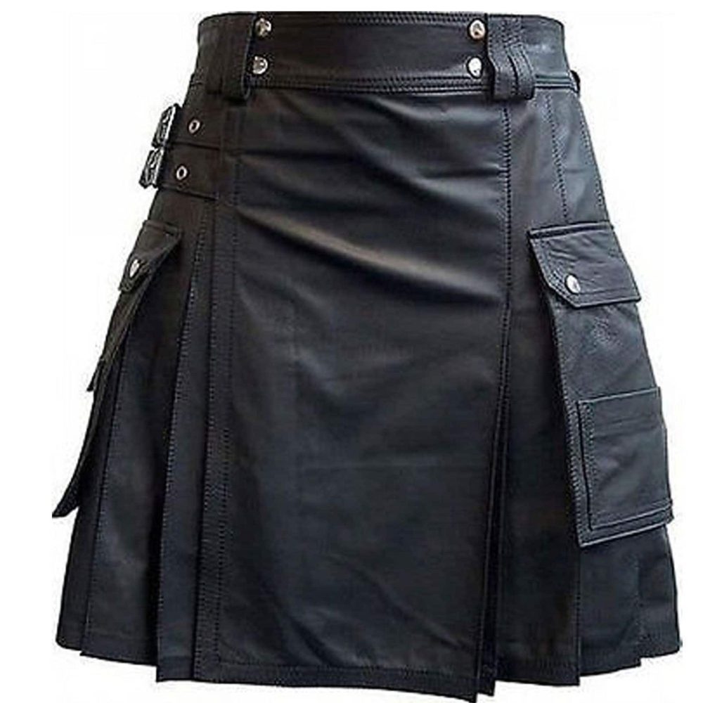 Schwarzer Lederkilt mit zwei Cargo-Taschen, Cargo-Taschen-Kilts, Kilts für Männer, beste Kilts