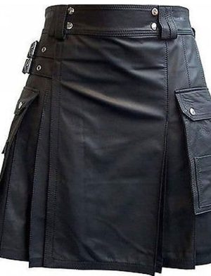 Falda escocesa de cuero negro con dos bolsillos de carga, faldas escocesas de bolsillo de carga, faldas escocesas para hombres, las mejores faldas escocesas