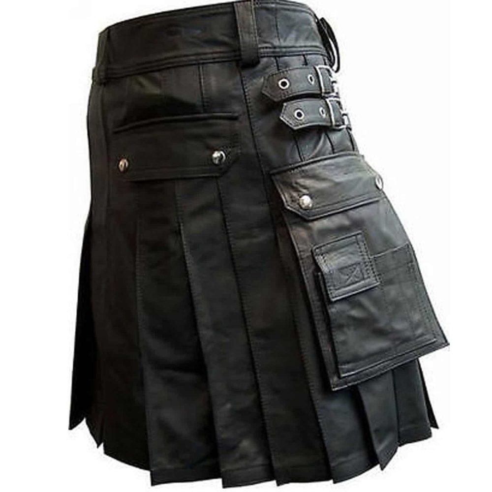 Black Leather Kilt with Twin Cargo Pockets, Cargo Pocket Kilts, Kilts for Men, Best Kilts