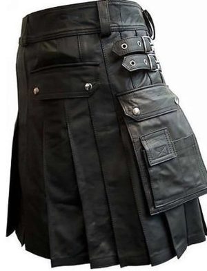 Schwarzer Lederkilt mit zwei Cargo-Taschen, Cargo-Taschen-Kilts, Kilts für Männer, beste Kilts