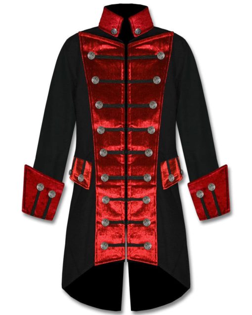 black-red-velvet-trim-steampunk-vampire-goth-jacket-pirate-coat-front Black Red Velvet Trim Steampunk, Velvet Jackets, Gothic Clothing, Gothic Jackets
