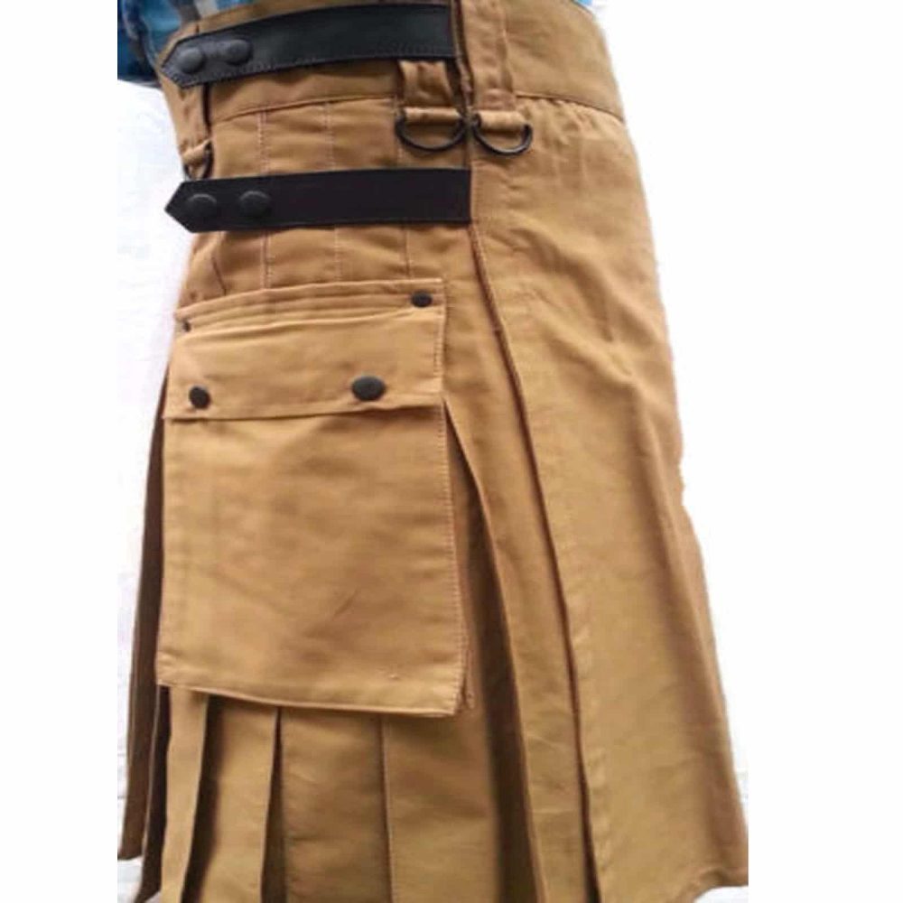 Khaki Utility Deluxe Kilt with Leather Straps | Kilt and Jacks