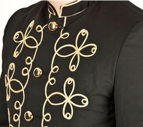 Men Handmade Gold Embroidery Black Military Napoleon Hook Jacket 100% Cotton 