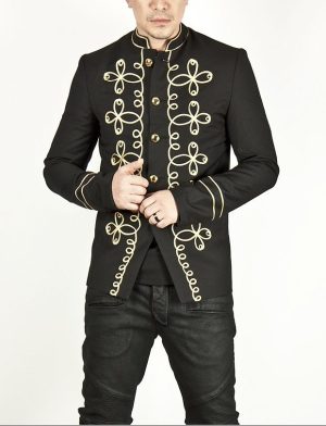 Napoleón Hook Jacket Flower, Chaquetas militares negras bordadas en oro, Chaquetas para hombres, Chaquetas tradicionales