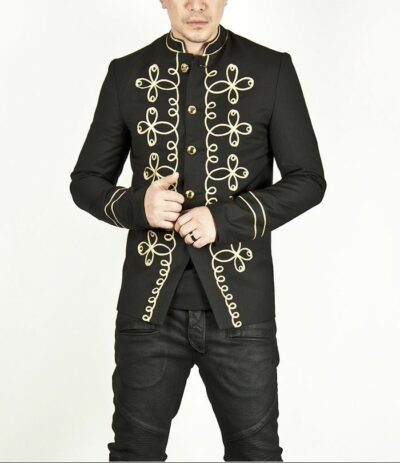 Napoleon Hook Jacket Flower, Gold Embroidery Black Military jackets, Jackets for Men, Traditional Jackets