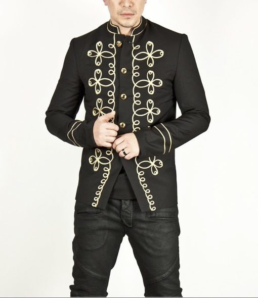 gold-flower-embroidery-black-military-napoleon-hook-jacket-front Napoleon Hook Jacket Flower, Gold Embroidery Black Military jackets, Jackets for Men, Traditional Jackets