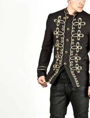 Napoleón Hook Jacket Flower, Chaquetas militares negras bordadas en oro, Chaquetas para hombres, Chaquetas tradicionales