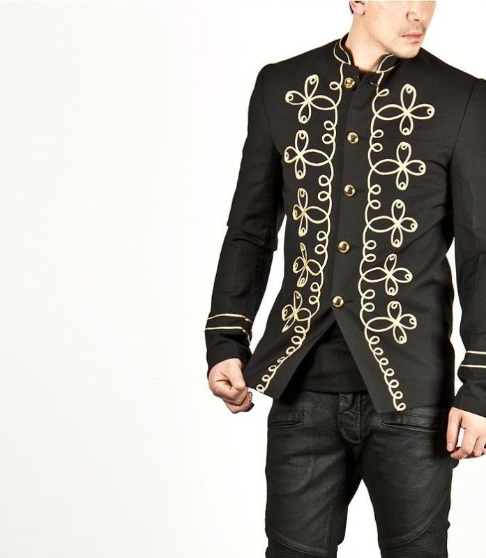 Black Braided Gothic Military Denim Jacket with Leather Shoulders