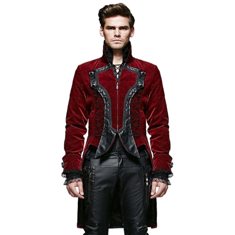 Men's Handmade Steampunk Tailcoat Jacket Red And Black Velvet Goth VTG Victorian 