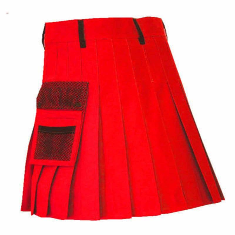 red utility kilt, red kilt, red utility kilt with net pocket, fashion kilt, cargo kilt, cargo pocket kilt