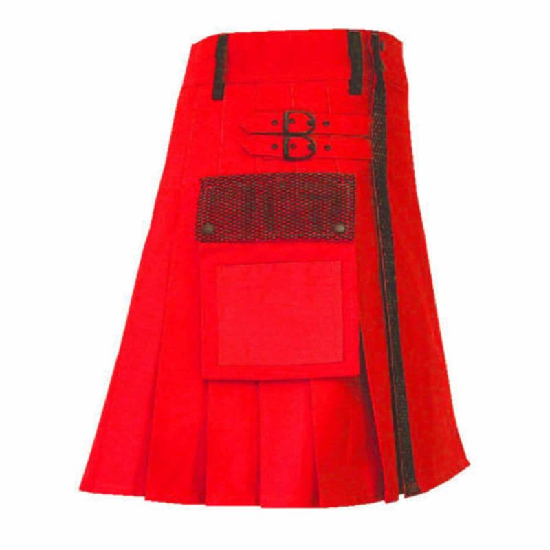 red utility kilt, red kilt, red utility kilt with net pocket, fashion kilt, cargo kilt, cargo pocket kilt