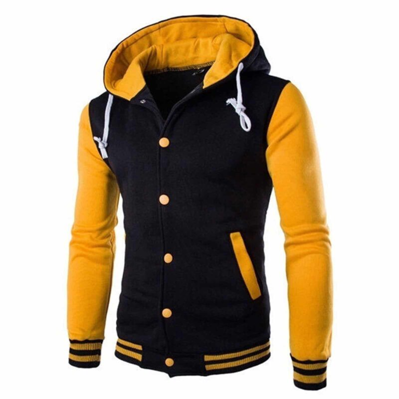 Mens Yellow and Black Varsity Letterman Jacket with Hood