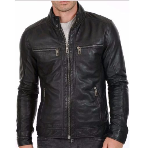 Black-Biker-Leather-Jacket-with-Snap-Closure leather jacket, biker jacket, leather jacket, black jacket