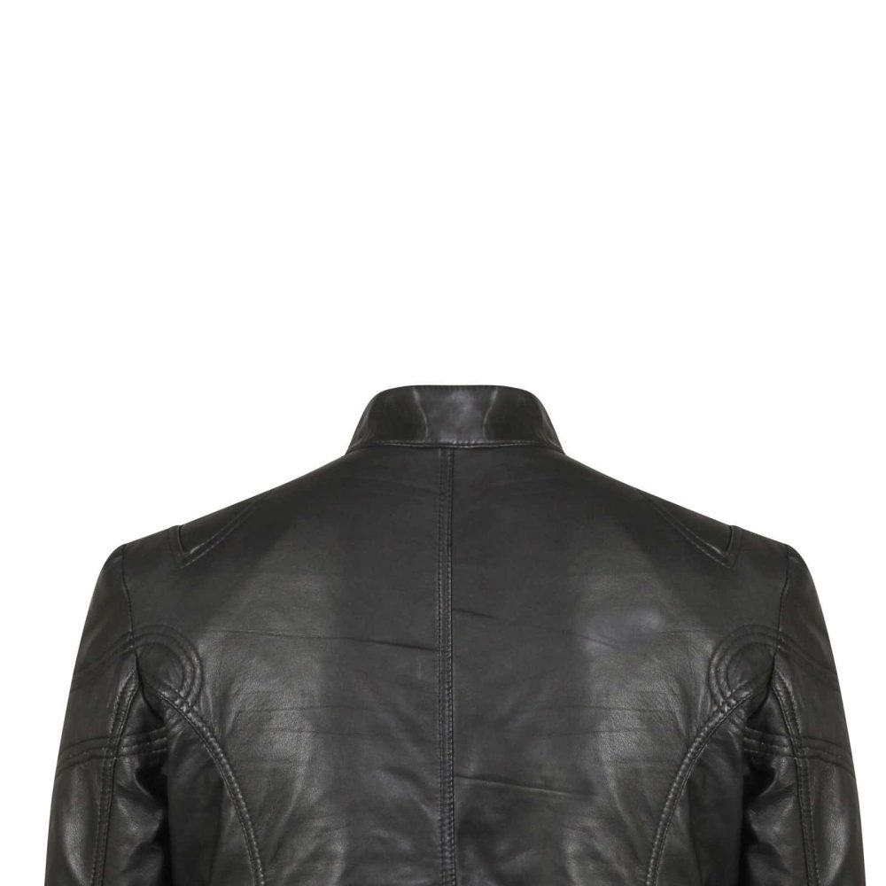 Black leather jacket with zipper pocket.
