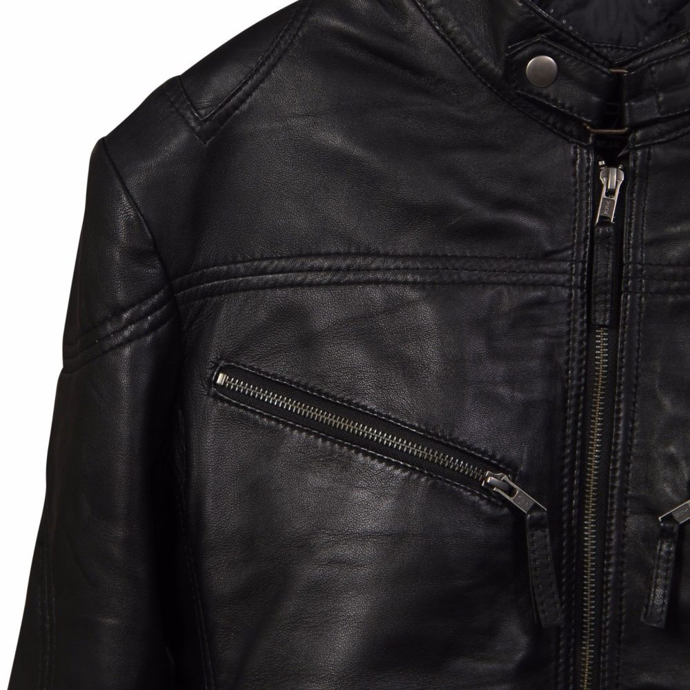 Black leather jacket with zipper pocket.