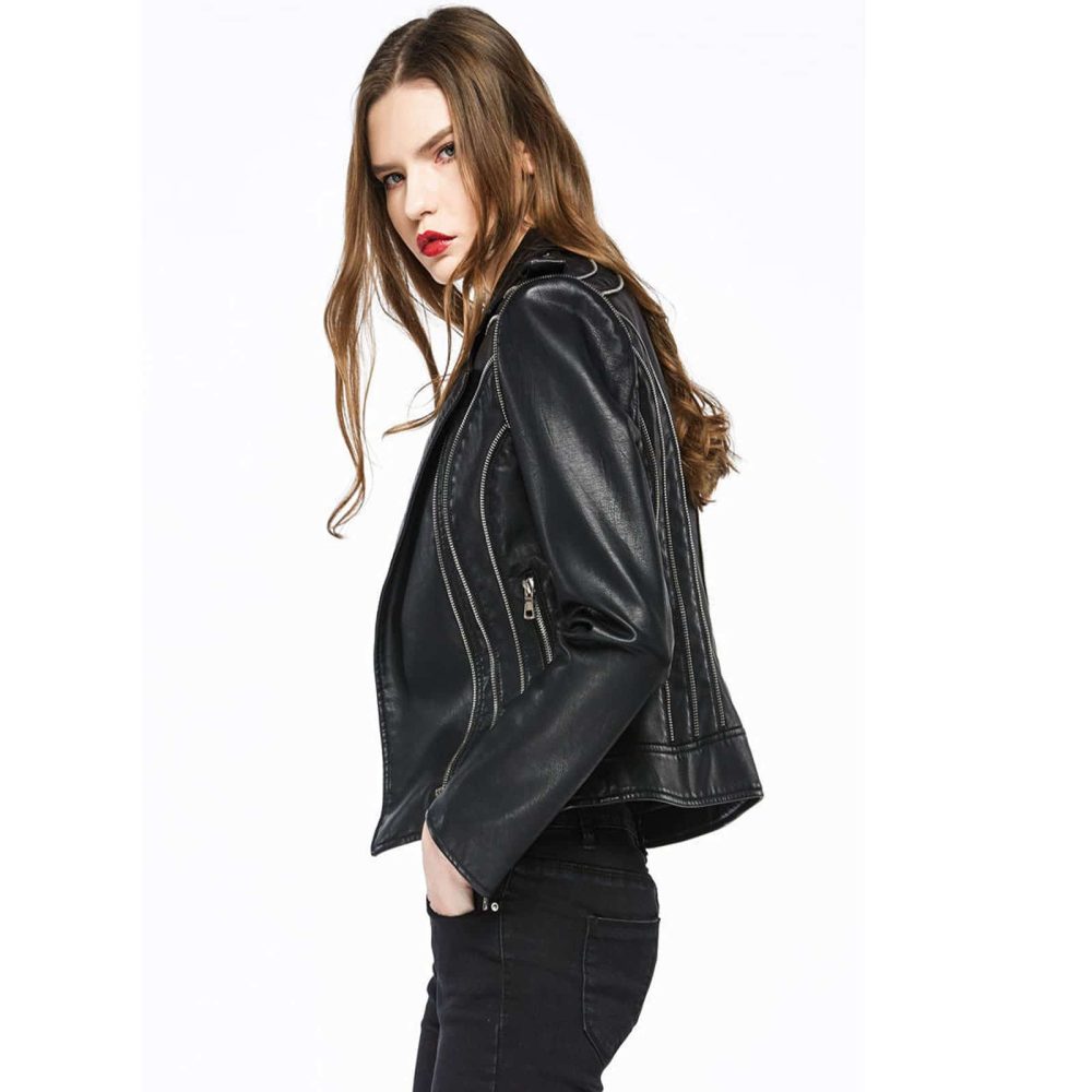 Black leather biker jacket with zippers