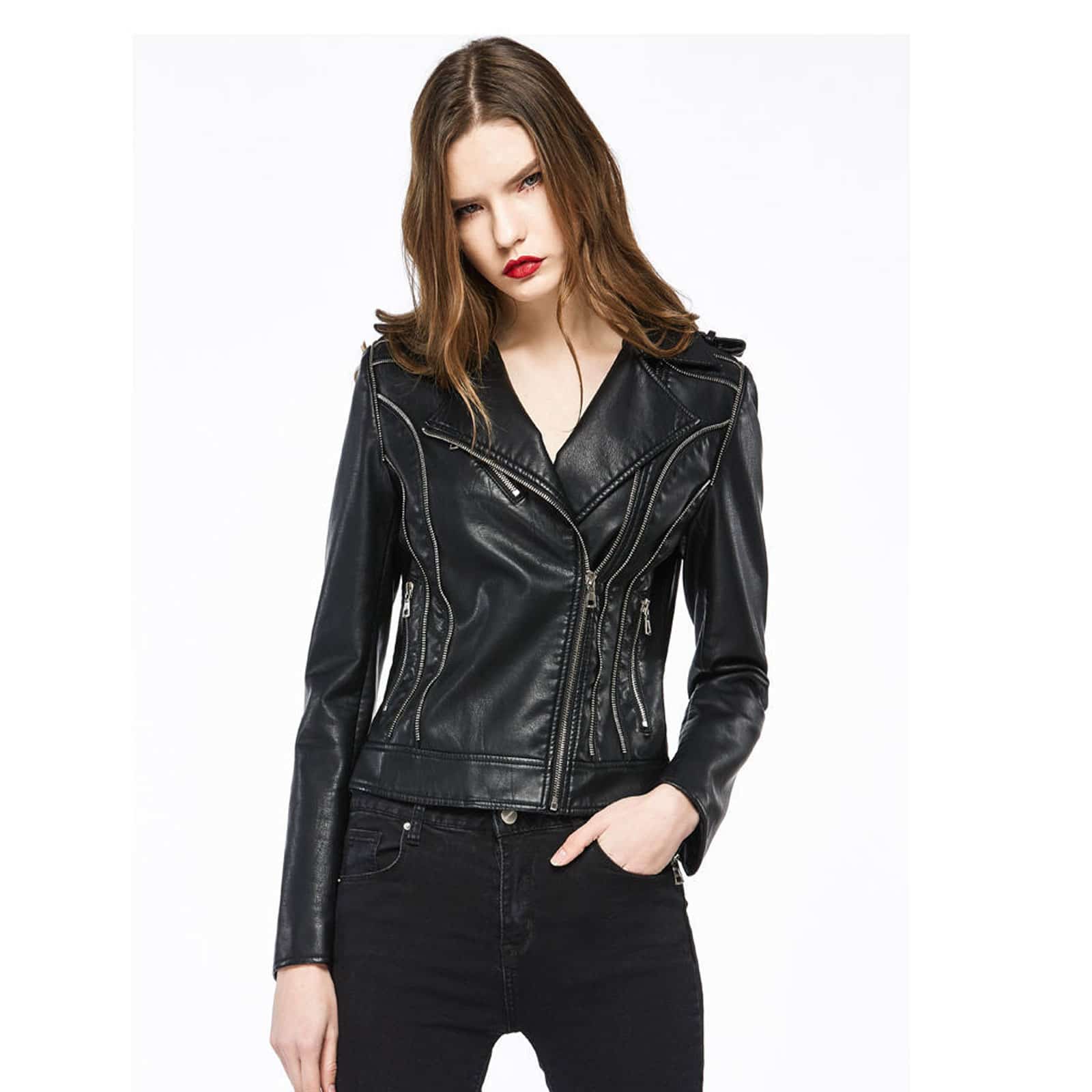 Black leather jacket with zippers