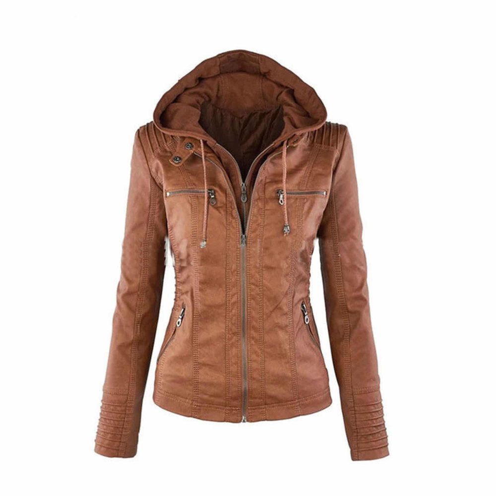 hoodie leather jacket, hooded leather jacket, women leather jacket,