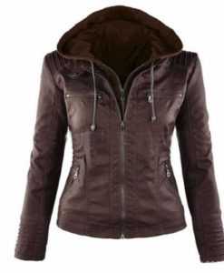 hoodie leather jacket, hooded leather jacket, women leather jacket,