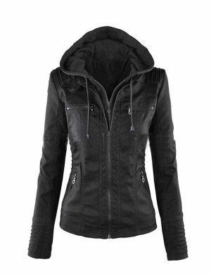 hoodie leather jacket, hooded leather jacket, women leather jacket,