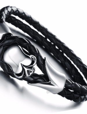 Braided Leather Skull Cuff Bangle Stainless Steel Bracelet