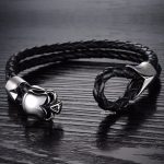 Braided-Leather-Skull-Cuff-Bangle-Stainless-Steel-Bracelet-black