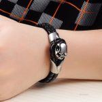 Braided-Leather-Skull-Cuff-Bangle-Stainless-Steel-Bracelet-wearing