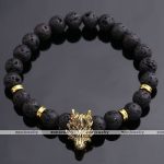 Lava Rock Stone Bead Buddha Skull Hamsa Hand Evil Eye Bracelet-gold-wolf-head