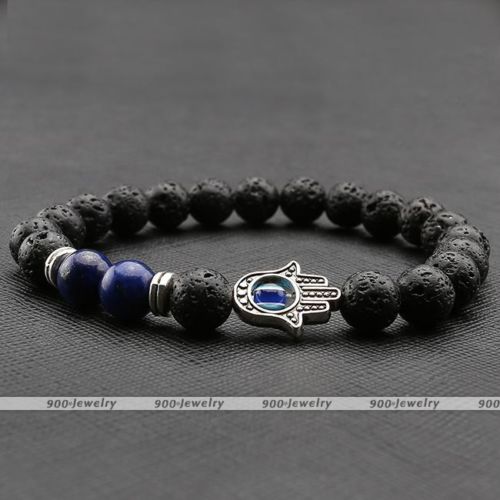 Black Skull - Lava Rock Beads Bracelet - OSFM